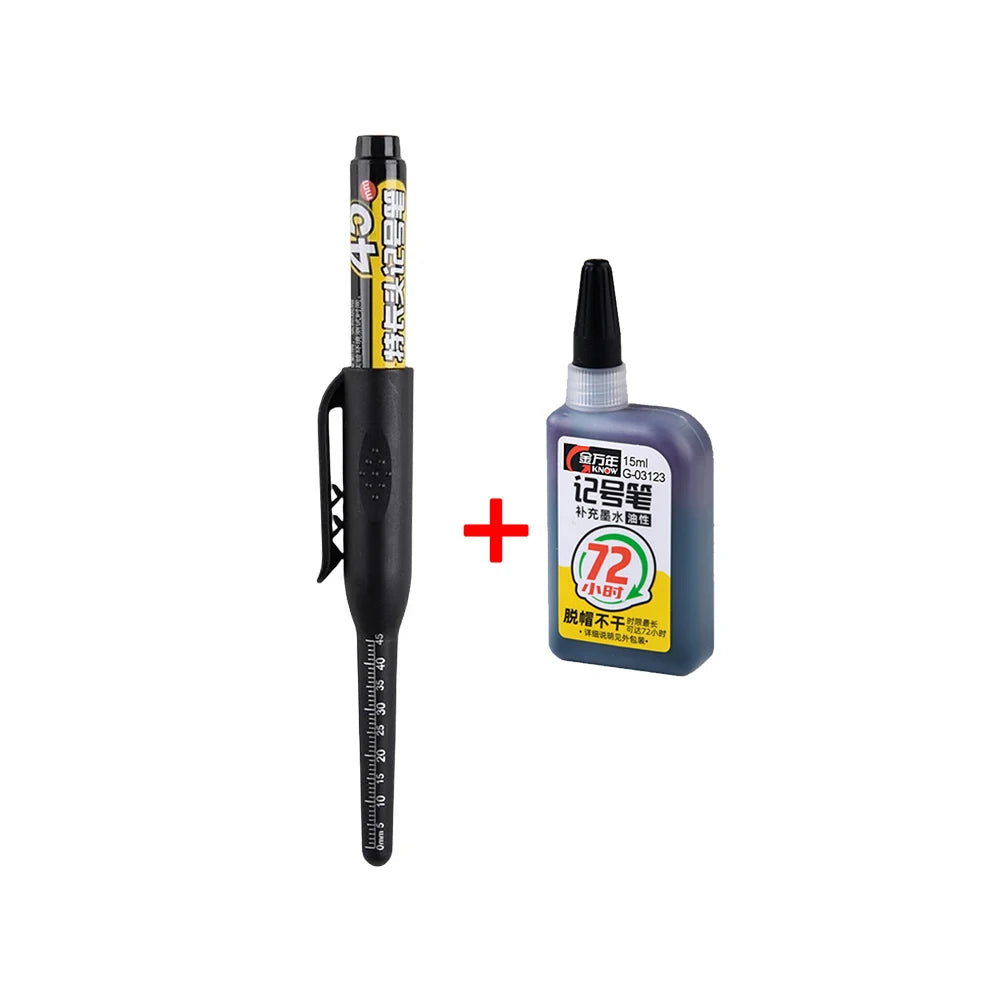 45mm Deep Hole Marker Pen - Waterproof Long Nib Carpenter Pen for Woodworking, Black/Blue/Red Ink