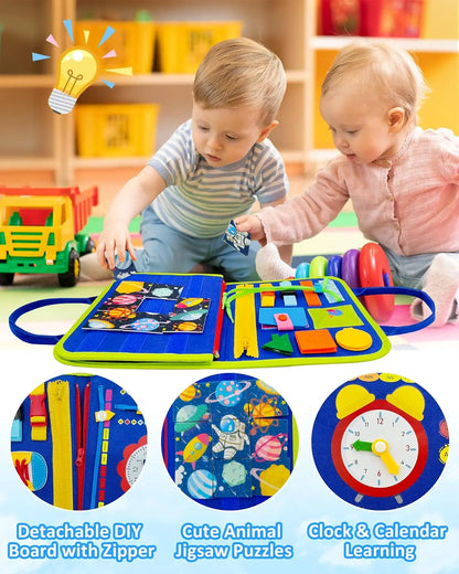 Montessori Toddler Busy Board – Dinosaur Dress-Up Sensory Toy for Learning Life Skills & Travel Backpack