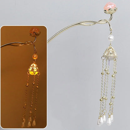 Luminous Lotus Flower Hairpin – Vintage LED Hair Stick with Lantern Tassel for Women and Traditional Hairstyles