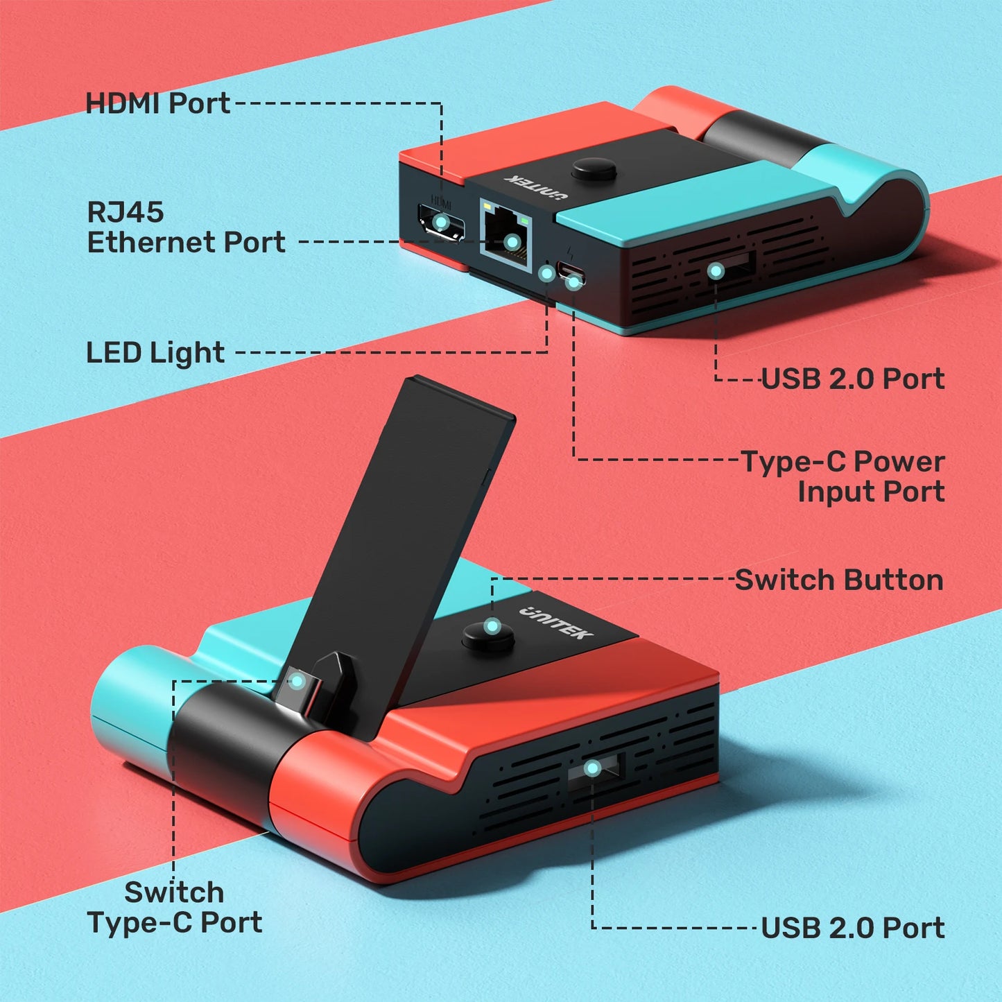 Unitek Game Dock for Nintendo Switch OLED — 45W PD Charging, LAN Gigabit Ethernet & 4K HDMI Gaming Docking Station for TV