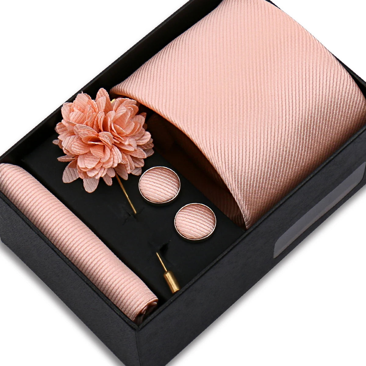 Men's Solid Color Tie Set - Jacquard Necktie, Hanky, Cufflinks & Brooch Gift Box for Weddings