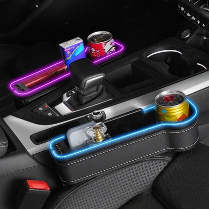 Car Crevice Storage Box with 2 USB Chargers & LED Light – Seat Gap Organizer for Phone, Cards, Bottles, and Cups