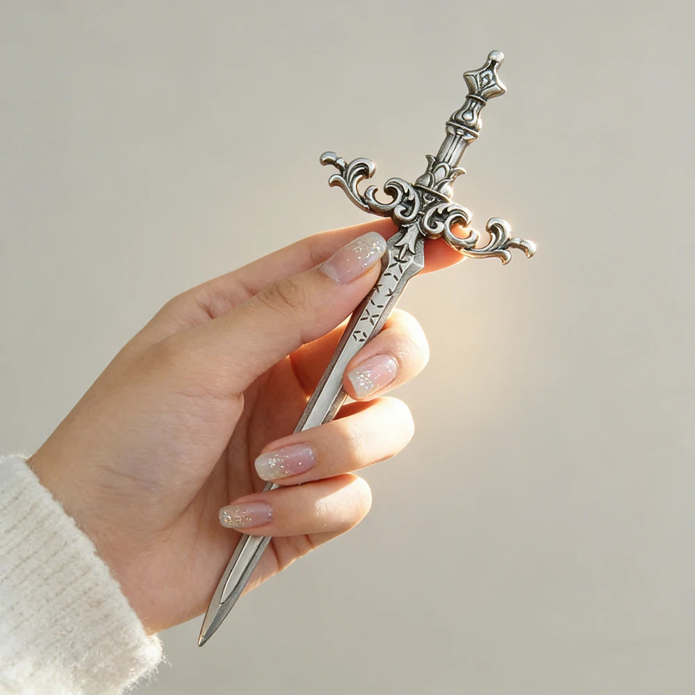 Silver Sword Hair Stick - Ornate Star Medieval Fantasy Cosplay Hair Accessory