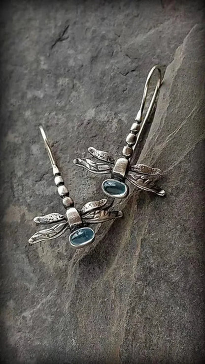 Retro Dragonfly Dangle Earrings - Silver Color Jewelry with Blue Stone Inlay for Women Party & Engagement Fashion