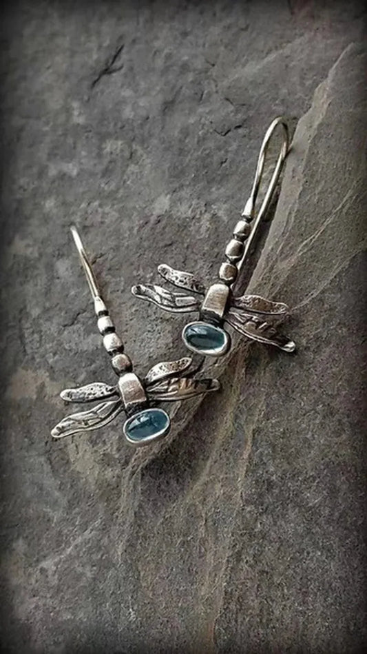 Retro Dragonfly Dangle Earrings - Silver Color Jewelry with Blue Stone Inlay for Women Party & Engagement Fashion
