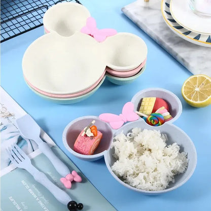 3Pcs/set Cartoon Baby Tableware Set: Wheat Straw Children's Dishes with Bowknot Food Plate, Spoon, Fork - Kids Dinner Feeding Plate