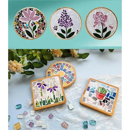 DIY Handmade Mosaic Coaster Set – Bamboo Heart & Square Cup Mats, Creative Parent-Child Educational Craft Toy Kit for Free Design Activities
