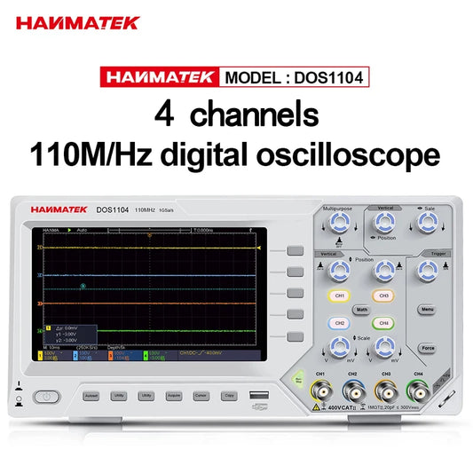 Hanmatek Digital Oscilloscope – 2/4 Channel 110MHz Bandwidth, 1GS/s Sampling Rate, 7'' TFT Display, Desktop Storage Scope