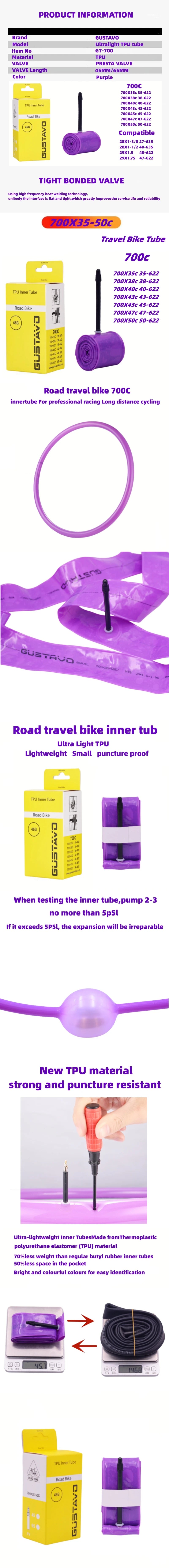 GUSTAVO Gravel Road Bike Inner Tube — 700x35/50C TPU Tire with 45mm/65mm French Valve