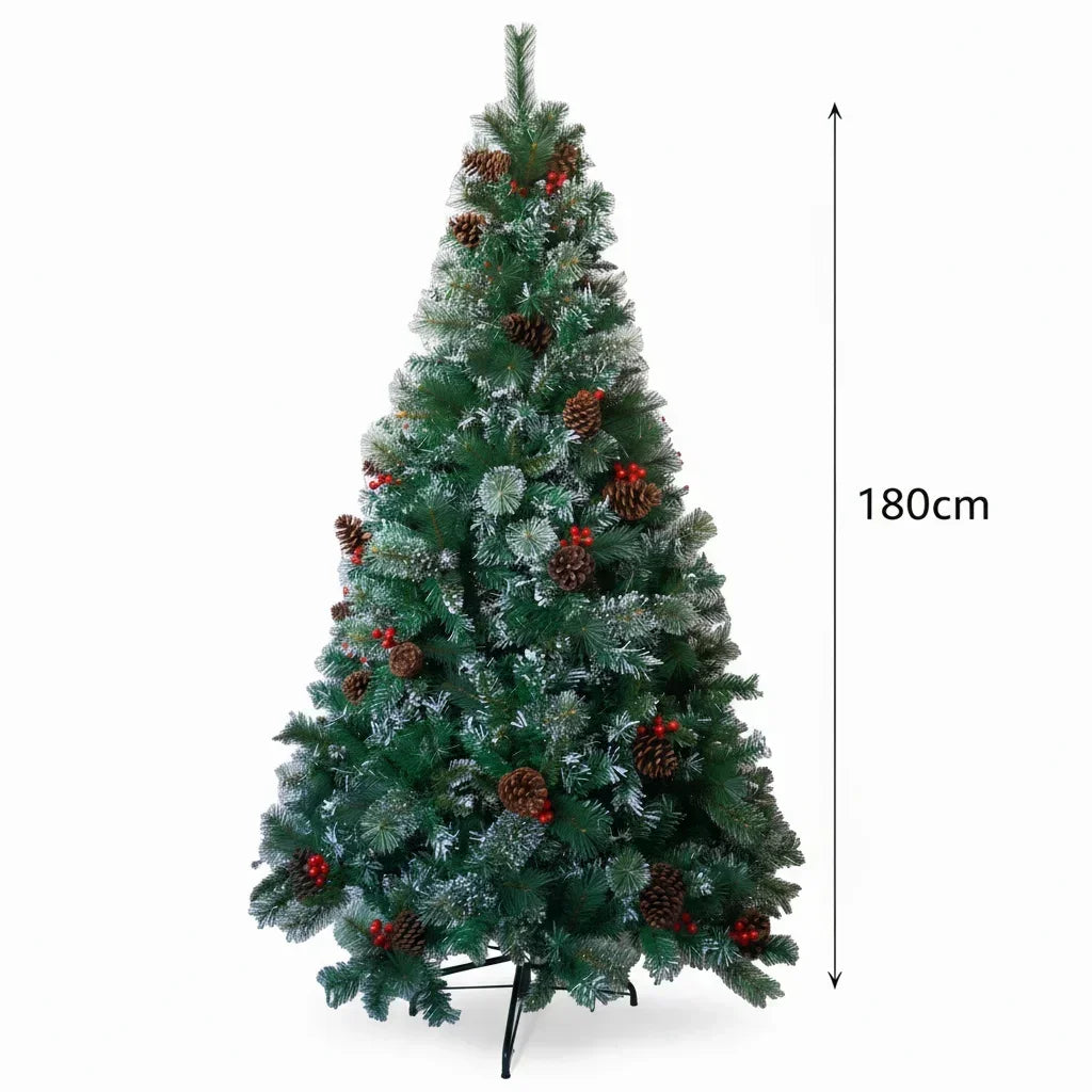 6/7FT Realistic Green Artificial Christmas Tree – Unlit with Pinecones & Holly Berries, Quick Setup with Metal Stand