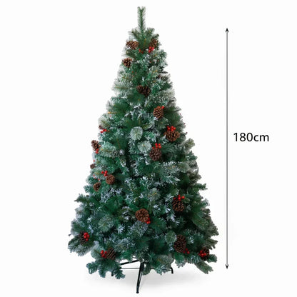 6/7FT Realistic Green Artificial Christmas Tree – Unlit with Pinecones & Holly Berries, Quick Setup with Metal Stand