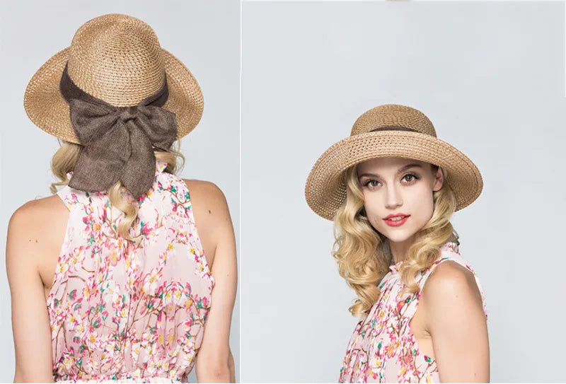 Women’s Summer Bow Ribbon Panama Hat – Beach Straw Cap Bonnet, Stylish Sun Hat for Women