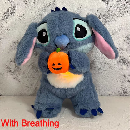 Disney Halloween Stitch Plush Doll – Pumpkin-Themed Soothing Toy with Light Breath Effect for Kids & Baby Gifts