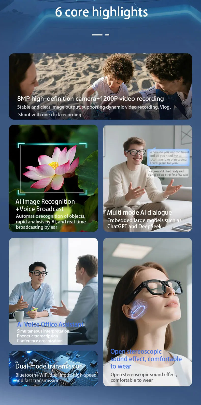 Blackview BV100 Smart Glasses — HD Camera, Bluetooth 5.4, 220mAh Battery, Stereo Bass Speakers, Noise-Cancelling Mic, Wear Detection