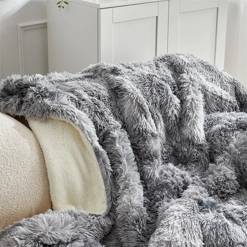 Double Mink & Lamb Fleece Blanket – Coral Fleece Long Hair Solid Color Blanket for Sofa, Soft Cotton Throw