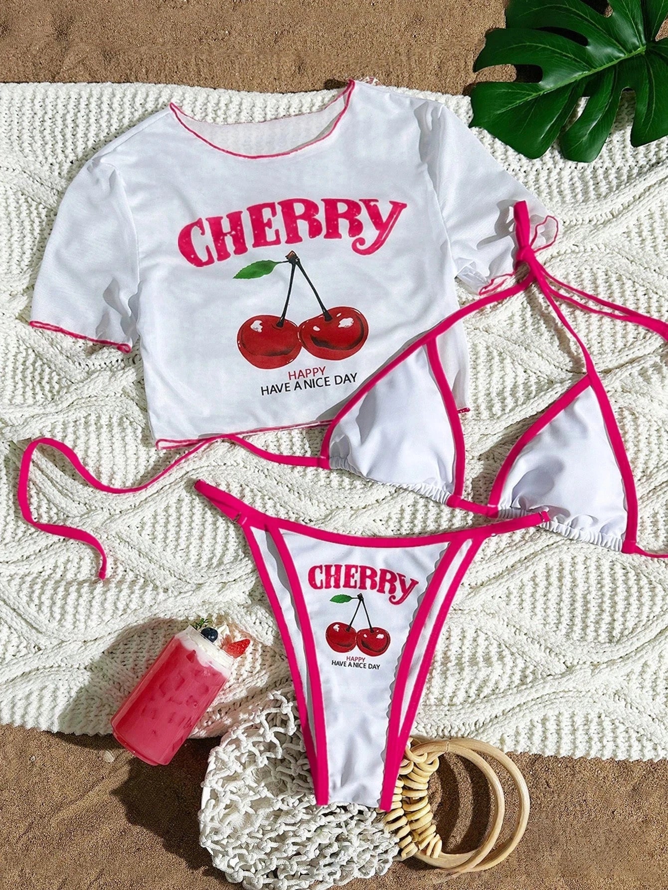 2026 Women’s Printed Mesh Bikini Set – Sexy 3-Piece Split Swimsuit Top Beachwear Swimwear