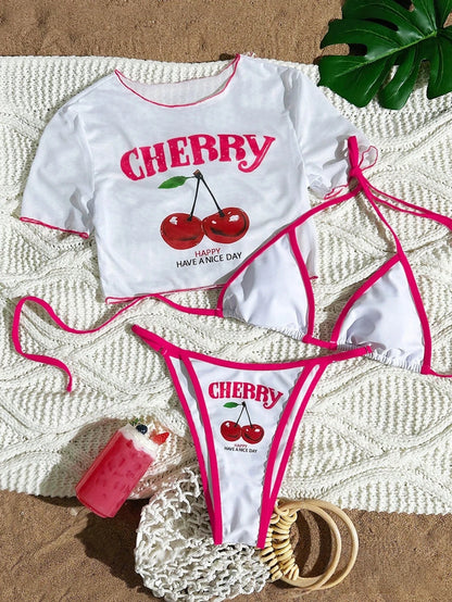 2026 Women’s Printed Mesh Bikini Set – Sexy 3-Piece Split Swimsuit Top Beachwear Swimwear