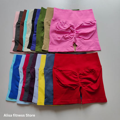 Summer High Waisted Yoga Shorts - Seamless Tummy Control Fitness Running Shorts with Solid Color Stretch Leggings Style