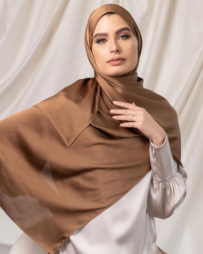 Trendy Long Satin Crinkle Hijab – Silk Crepe Islamic Headscarf for Muslim Women, Lightweight & Stylish