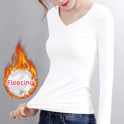 Women’s Thermal Velvet Long Sleeve Shirt - O Neck Slim Fit Cropped Bottoming Top for Winter Warmth