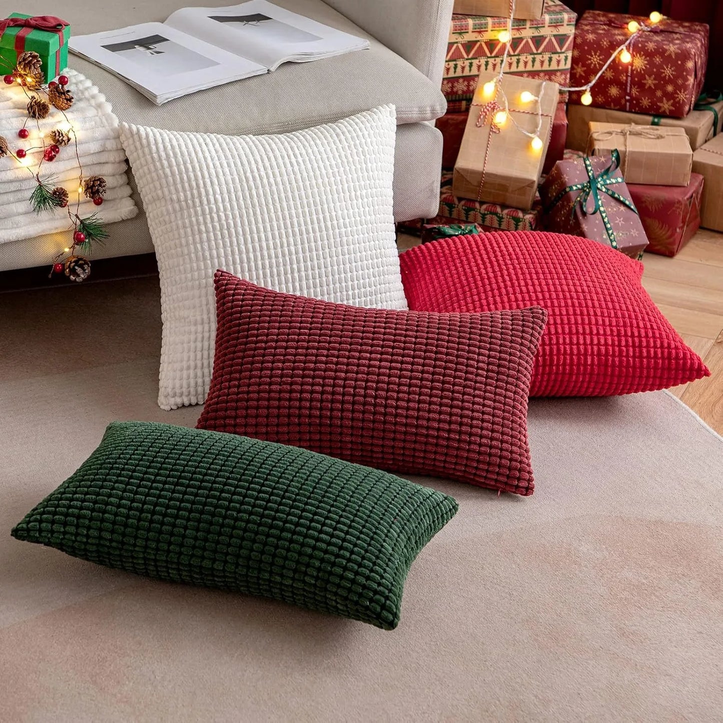 Christmas Red Corduroy Throw Pillow Covers – Soft Decorative Lumbar Cushion Cases for Holiday Home Decor