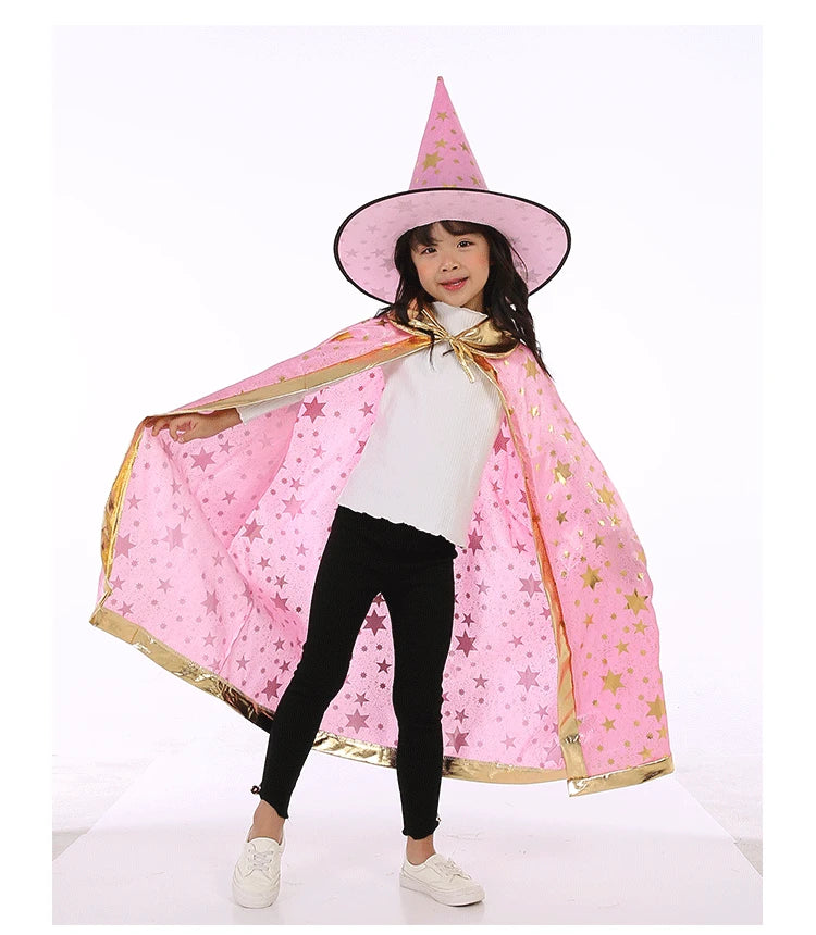 Kids Halloween Witch Cloak and Hat Set - 5-Star Cosplay Costume, 90cm Length for Height 100-160cm, Perfect for Parties and Dress-Up