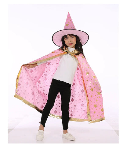 Kids Halloween Witch Cloak and Hat Set - 5-Star Cosplay Costume, 90cm Length for Height 100-160cm, Perfect for Parties and Dress-Up