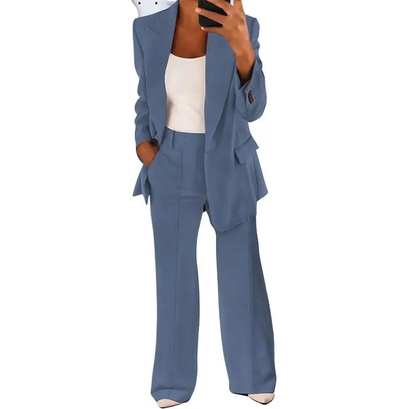 Women's 2 Piece Blazer Pant Set - Casual Single Button Jacket & High Waist Wide Leg Workwear Suit