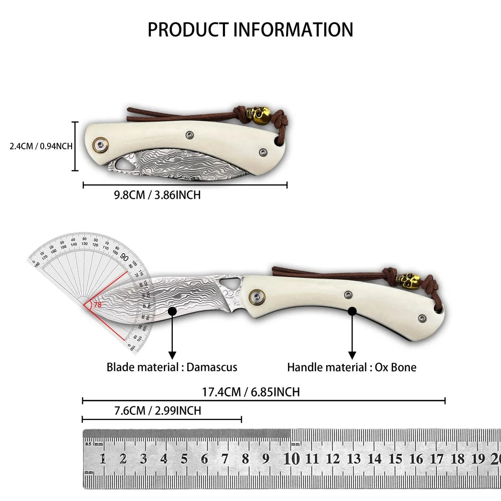 Higonokami Damascus Steel Folding Knife - Bone Handle Camping & Slicing Tool