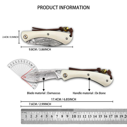Higonokami Damascus Steel Folding Knife - Bone Handle Camping & Slicing Tool