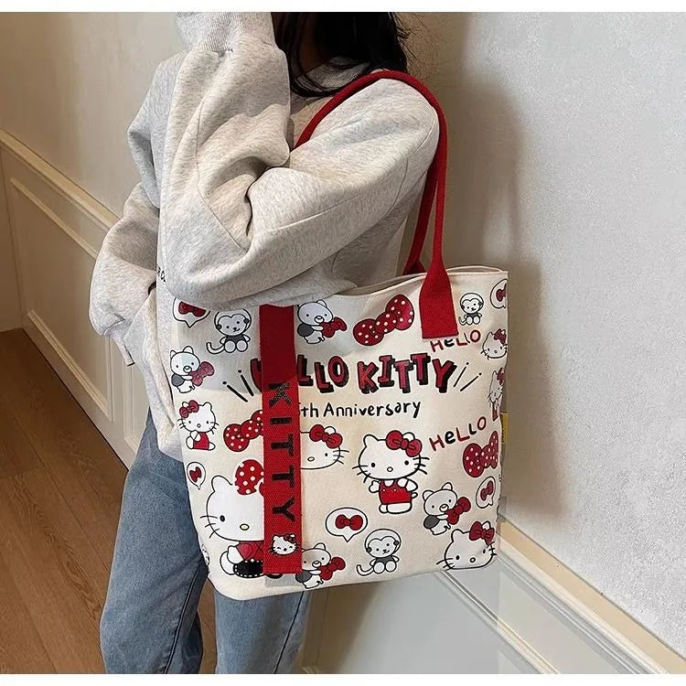 Kawaii Sanrio Hello Kitty Canvas Shoulder Bag – Large Capacity Cute Backpack Schoolbag Handbag Gift for Girls Birthday & Daily Use
