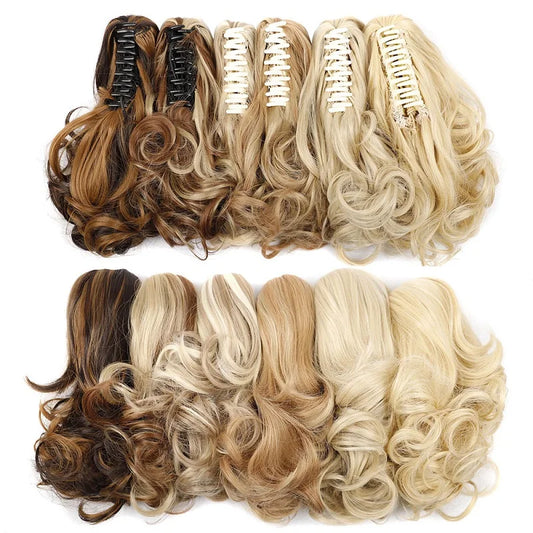 12-Inch Synthetic Wavy Curly Ponytail Hair Extension with Claw Clip – Mixed Blonde Hairpiece for Women