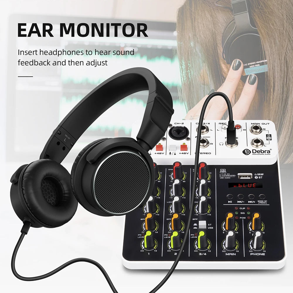 Debra V8 8-Channel Audio Mixer – Bluetooth & USB Mixer with 48V Phantom Power, Delay/Repeat Effects for PC Recording & Sound Console