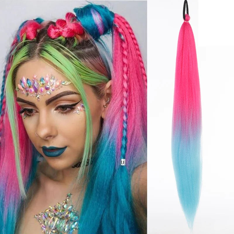 26" Synthetic Ponytail Extension - Long Straight Ombre Pink Purple Blue Hair with Elastic Tie