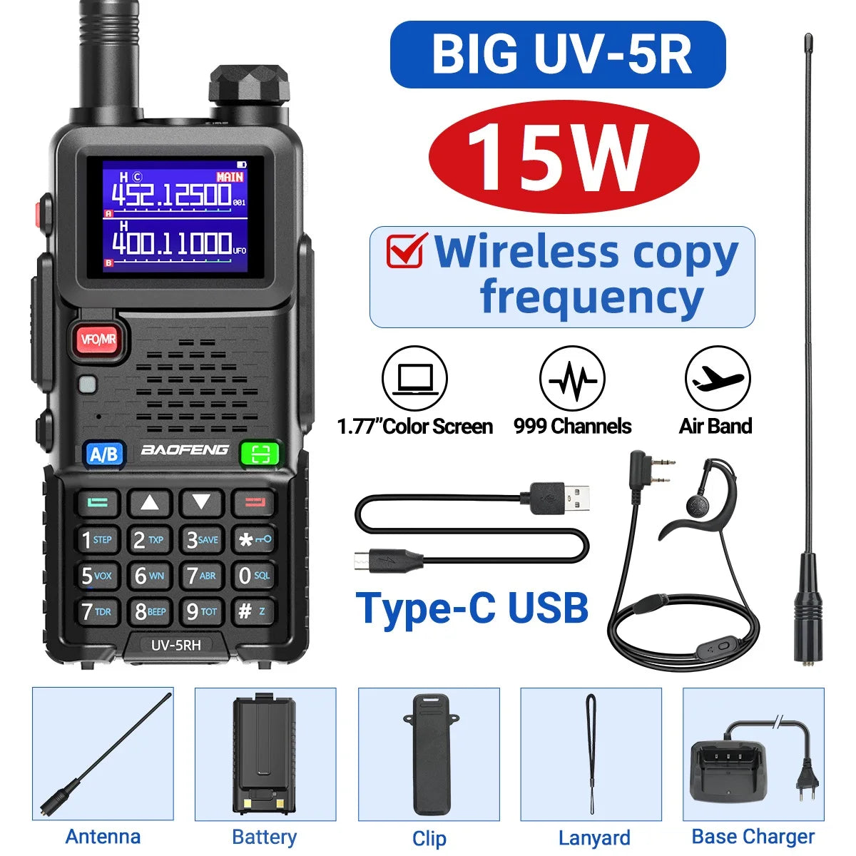 Baofeng UV-5RH 10W Air Band Walkie Talkie, Long Range Wireless Two-Way Ham Radio, Type-C UV-5R Transceiver