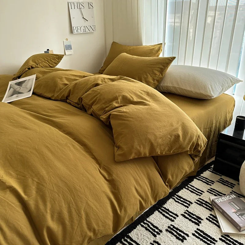 Solid Cotton Bed Linen Set – Bedding with Sheet, Duvet Cover & Pillowcases, Single to King/Queen/Twin Size