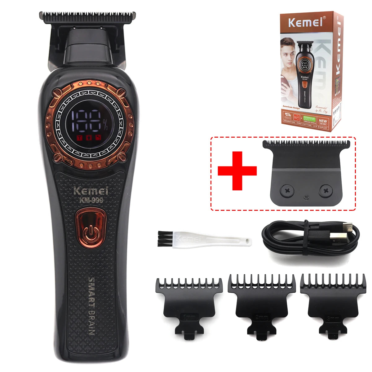 Kemei KM-999 Hair Trimmer for Men – DLC T-Blade, Zero Gapped, LED Display, Cordless USB Professional Hair Clipper
