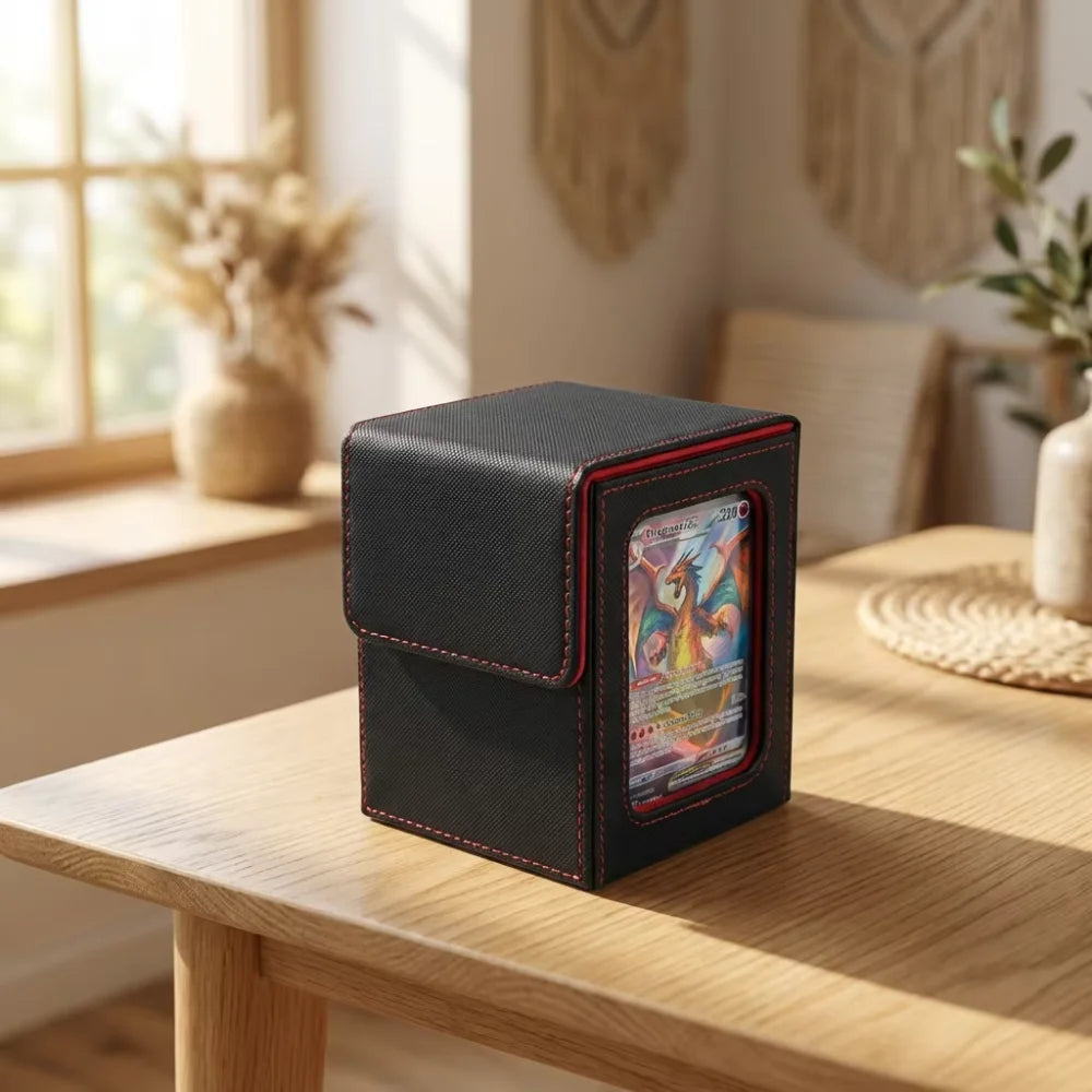 PU Leather Trading Card Deck Box for 120+ Sleeved Cards with Magnetic Closure & Display Window