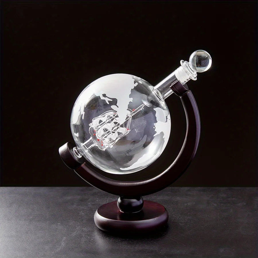 900ML Globe Whiskey Decanter Set – Lead-Free Carafe with Wood Stand & 2 Glasses
