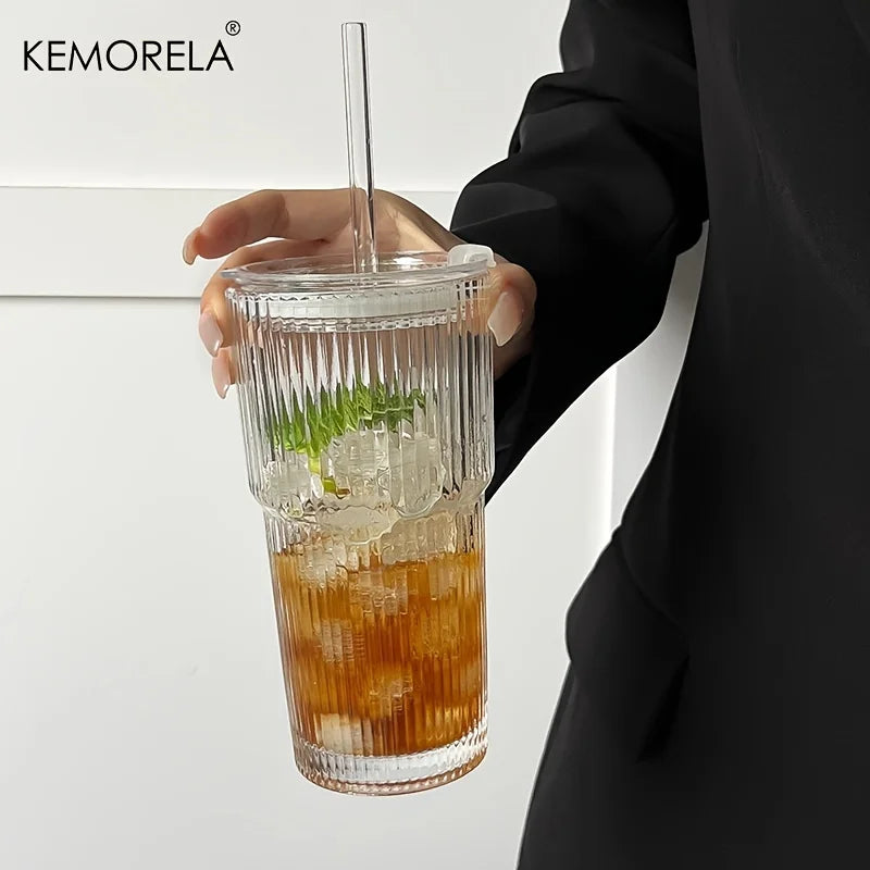 600ML Striped Glass Coffee Cup with Lid and Straw – Transparent Drinking Glasses for Juice, Milk, Tea | Iced Coffee Mug Drinkware