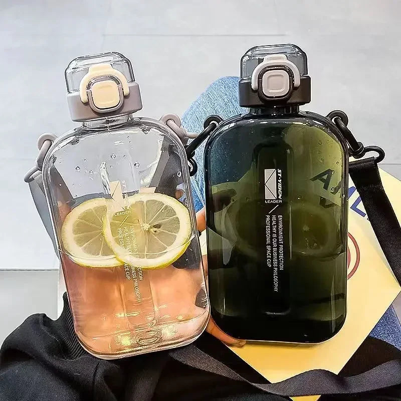 Elegant Slim Transparent Water Bottle - Flat Square Portable Travel Canteen with Adjustable Strap, Ideal for Sports and Camping
