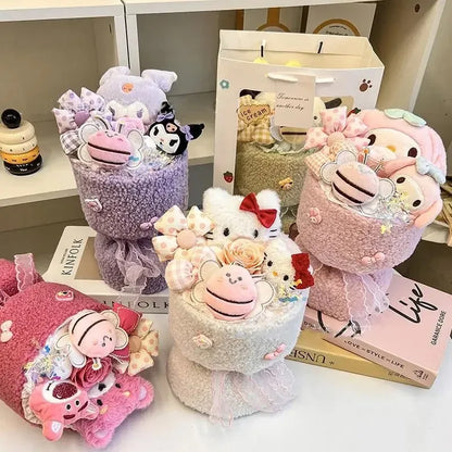 Sanrio Hello Kitty & Friends Plush Dolls Bouquet - Cinnamoroll, Kuromi, My Melody, Cute Cartoon Toys for Flower Girls & Kids - Perfect Holiday Gifts