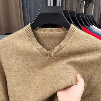 Men's V-Neck Knit Sweater - Solid Color Warm Elastic Oversized Autumn Pullover Casual Top