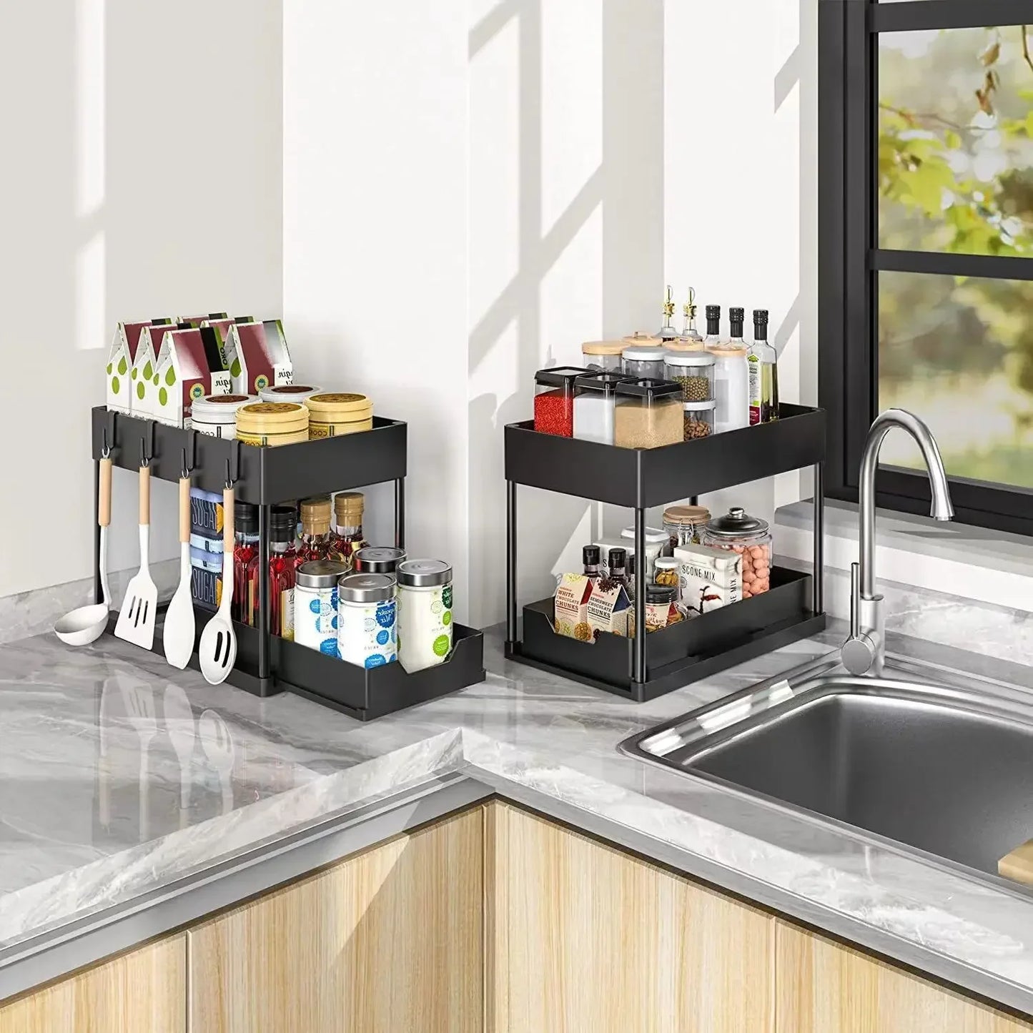 2-Tier Under Sink Organizer - Sliding Cabinet Basket with Hooks, Hanging Cup for Bathroom and Kitchen Storage