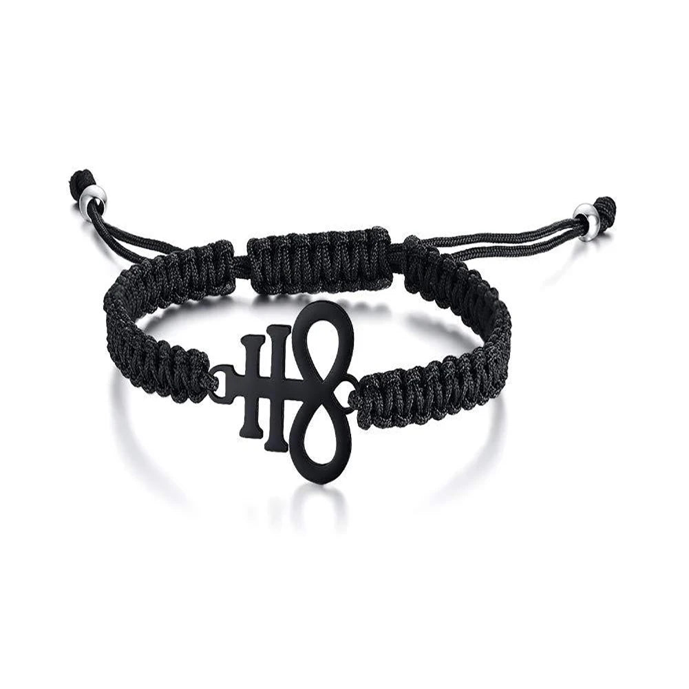 Leviathan Cross Woven Bracelet - Stainless Steel Satanic Style Totem Black Adjustable Knot Wrist Jewelry
