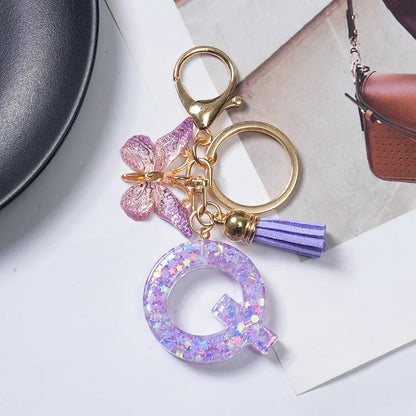 A-Z Initial Letter Sequin Keychain - Purple Butterfly Tassel Resin Keyring Backpack Charm Gift