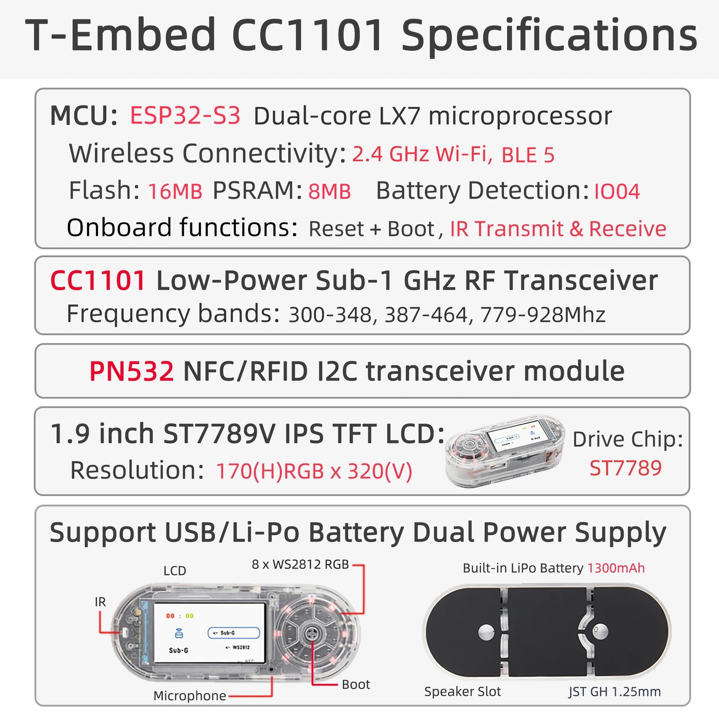 LILYGO® T-Embed ESP32-S3 with CC1101 Sub-1GHz RF Transceiver & PN532 NFC RFID I2C Module – LCD Board with Built-in 1300mAh Battery