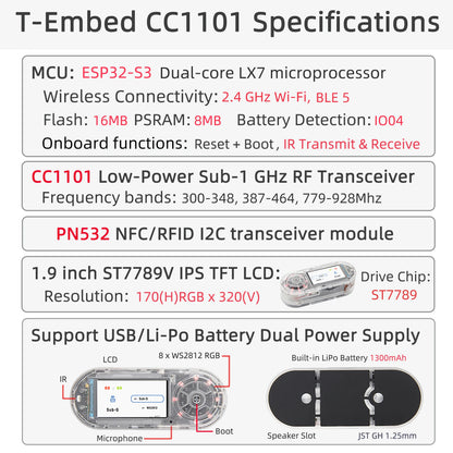 LILYGO® T-Embed ESP32-S3 with CC1101 Sub-1GHz RF Transceiver & PN532 NFC RFID I2C Module – LCD Board with Built-in 1300mAh Battery