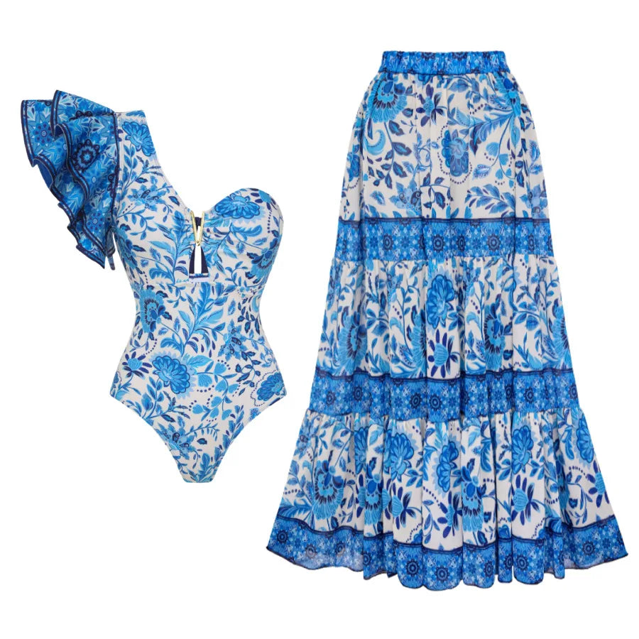 Blue One-Shoulder Ruffle Floral Monokini Swimsuit with Cover Up Sexy One Piece Beach Swimwear for Women Summer