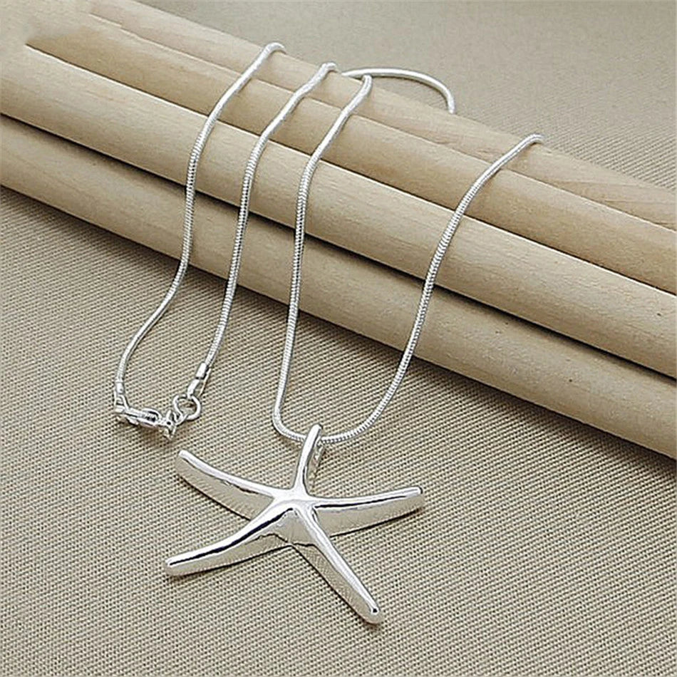 925 Sterling Silver Star & Starfish Charm Necklace — 40–75cm Length, Fashion Jewelry for Women, Ladies, Wedding & Party